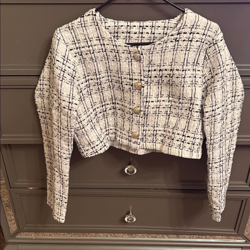 Fashion Nova Cream and Black Tweed Blazer